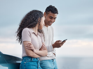 Couple, phone and reading on road trip, holiday and search for direction on digital map with smile...