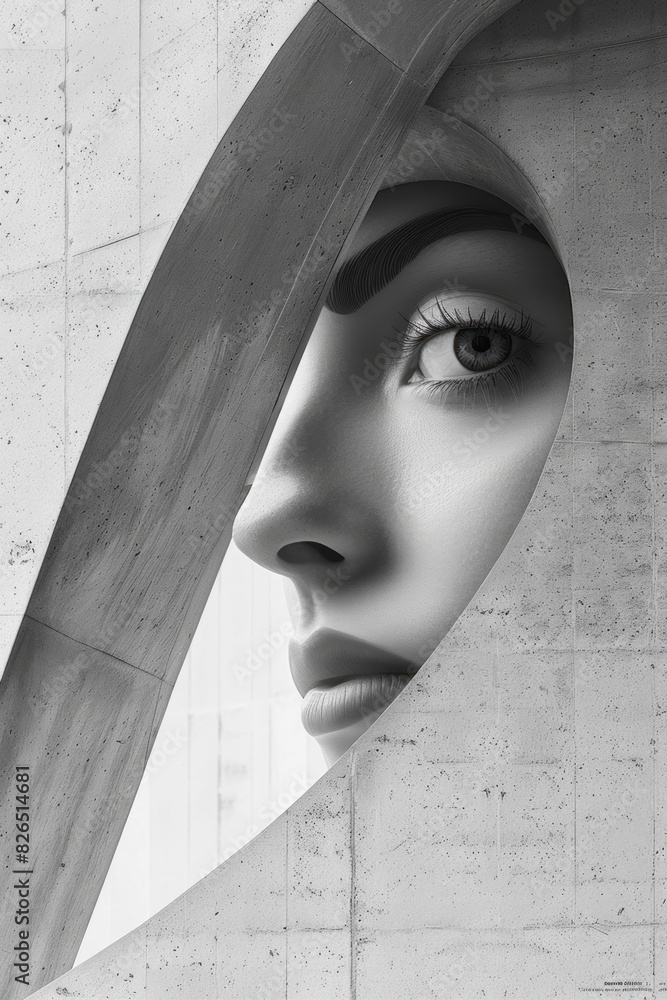 Poster minimalist isometric triangles with eye shapes, interspersed with geometric forms,