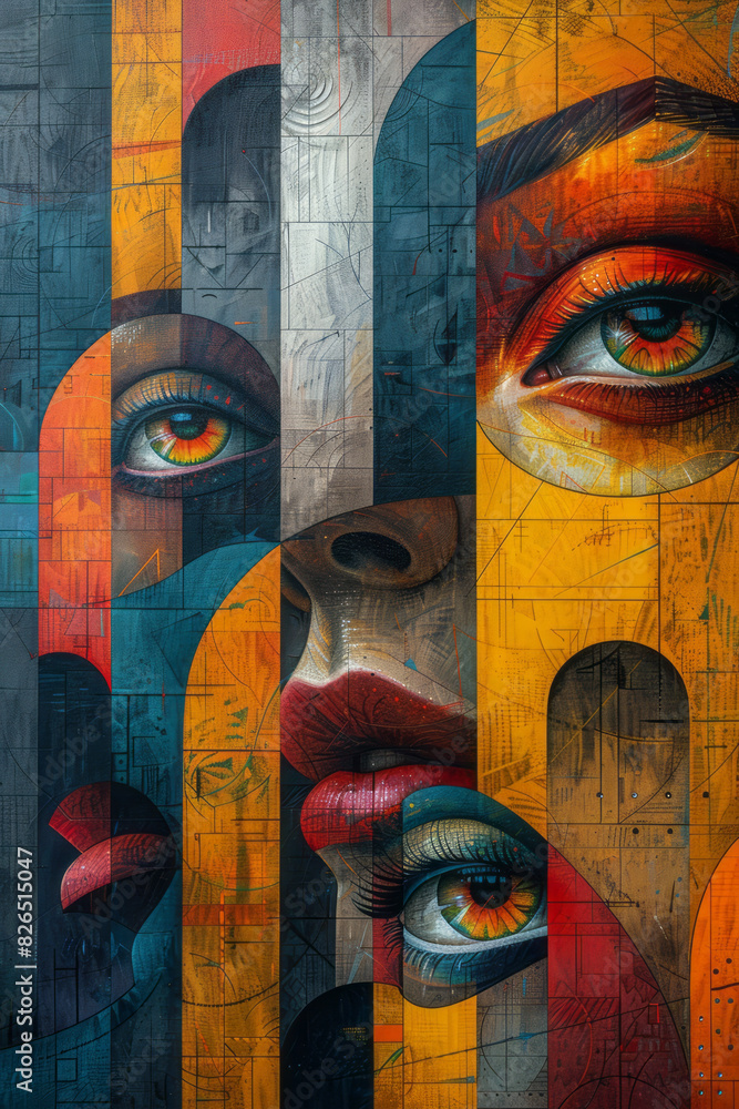 Poster isometric background featuring a repeating pattern of geometric shapes and eye symbols,