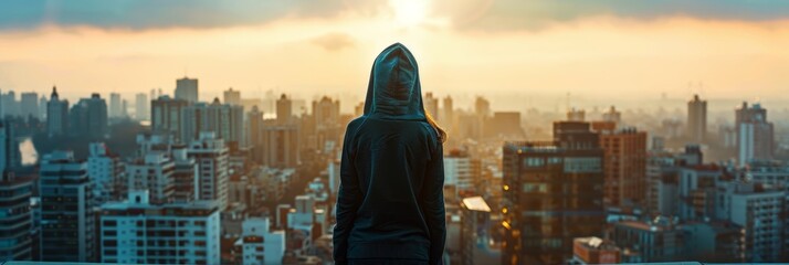 A young woman in a blank hoodie standing on a rooftop, gazing at the city below