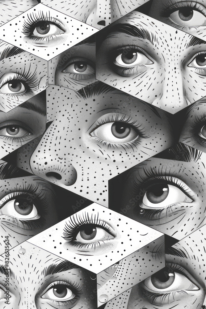 Poster seamless pattern of isometric squares with simple eye symbols, creating a grid,