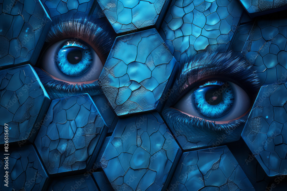 Poster isometric background featuring repeating hexagons with embedded large eyes,