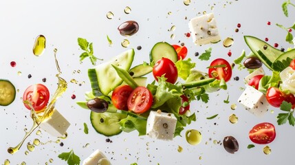 Deconstructed Greek Salad Ingredients in Mid-Air - Vibrant and Fresh Design for Print, Card, Poster