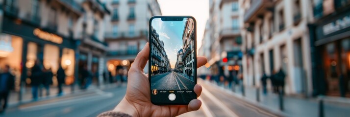 A person is capturing a city street scene with a smartphone - Powered by Adobe