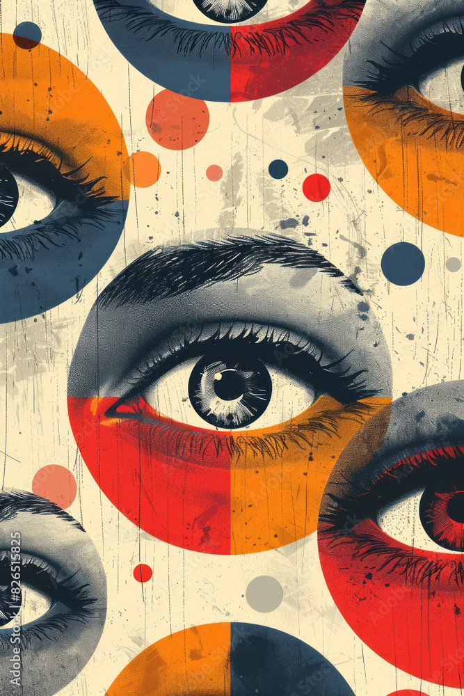 Poster Minimalist isometric circles with eye designs in a seamless pattern,