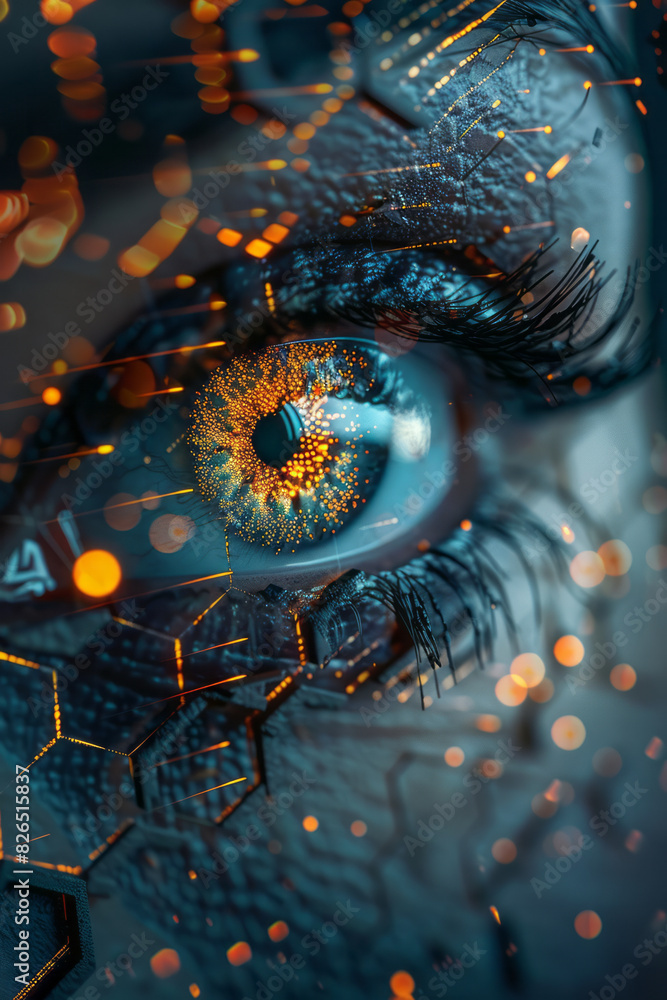 Poster abstract isometric hexagonal grids with eye icons, creating a cohesive design,