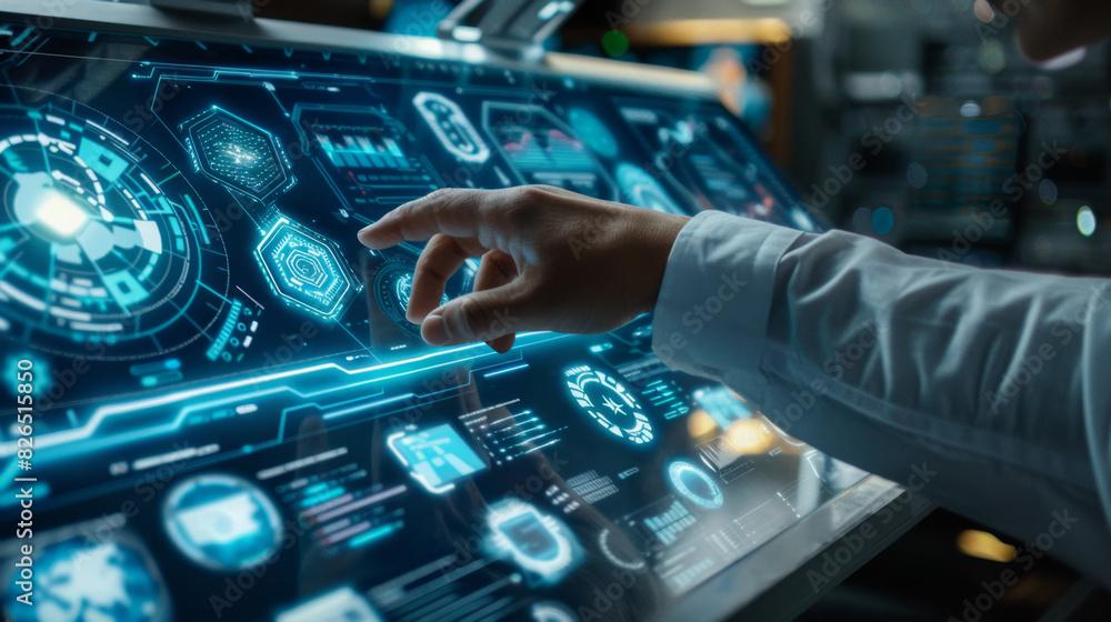 Poster Close-up of a person's hand using a futuristic touchscreen interface with holographic data displays in a high-tech environment.  Person Interacting with Futuristic Touchscreen Interface

