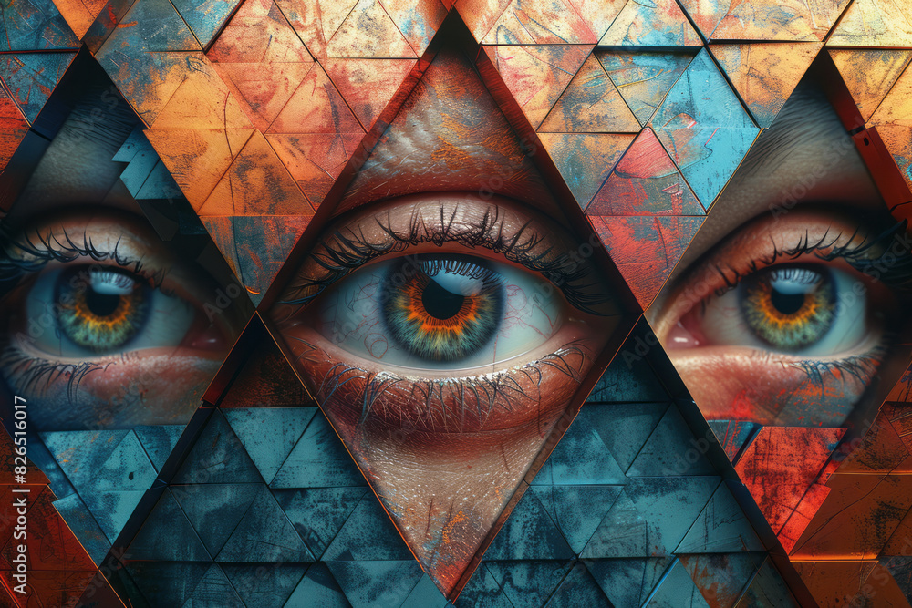 Poster seamless pattern of isometric triangles with large eye symbols, blending seamlessly,