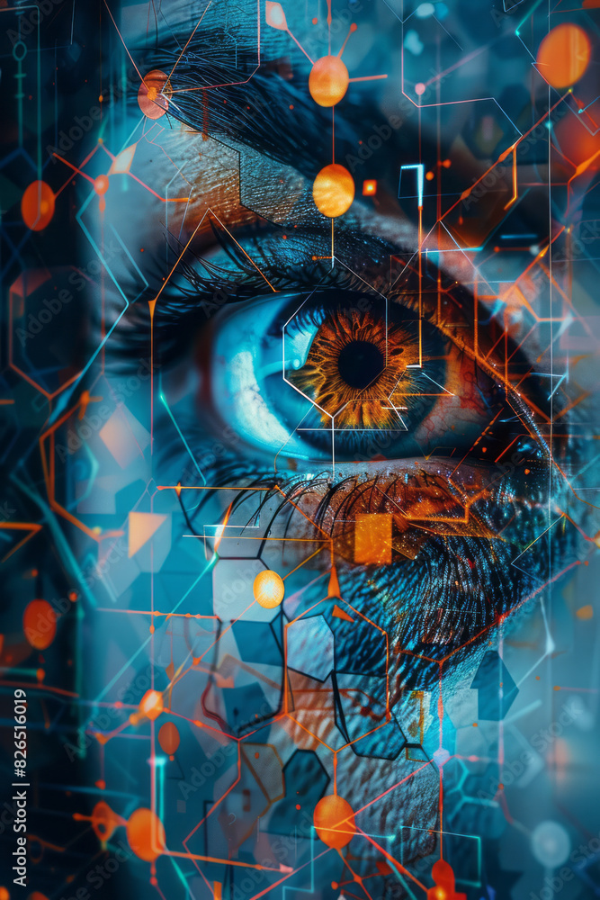 Aufkleber abstract isometric hexagonal grids with eye icons, creating a cohesive design,