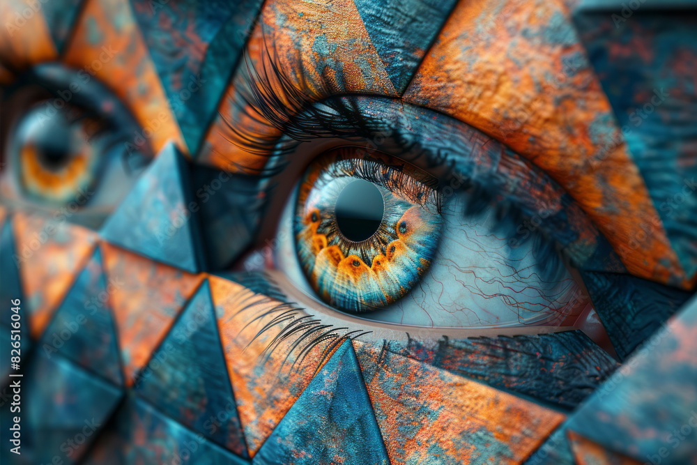 Fototapete Seamless pattern of isometric triangles with large eye symbols, blending seamlessly,