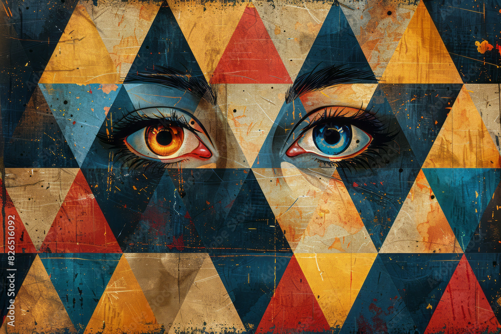 Fototapete seamless pattern of isometric triangles with large eye symbols, blending seamlessly,