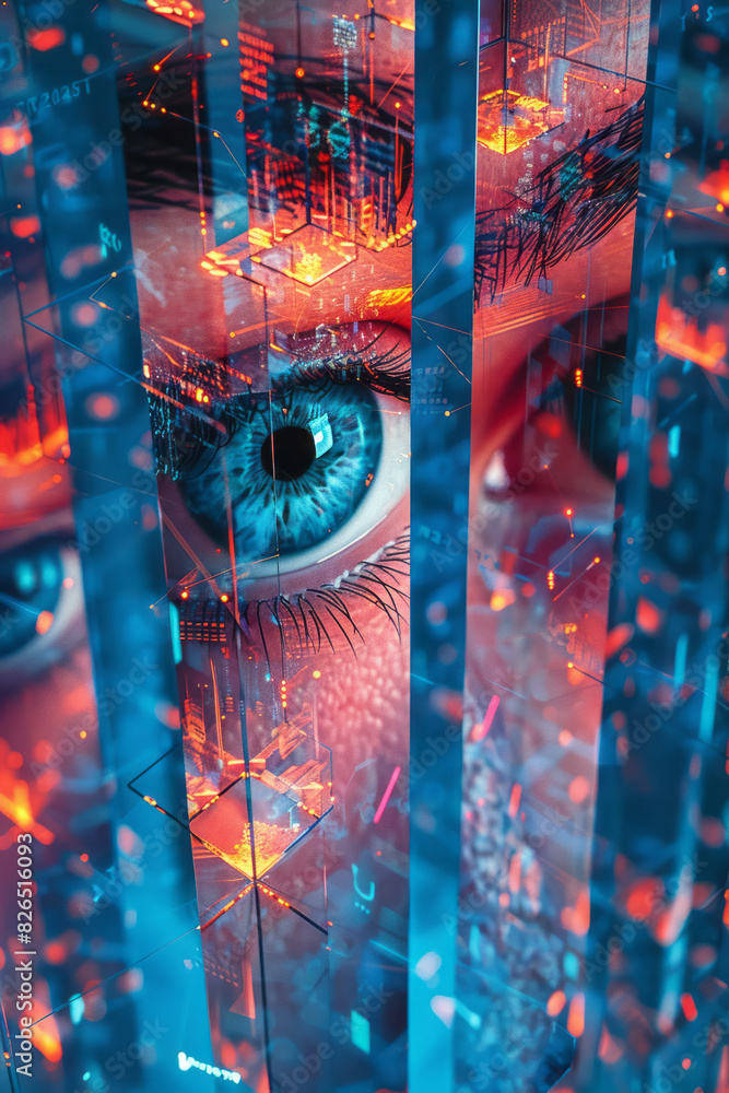 Poster isometric pattern of geometric shapes with interconnected eye icons forming a network,