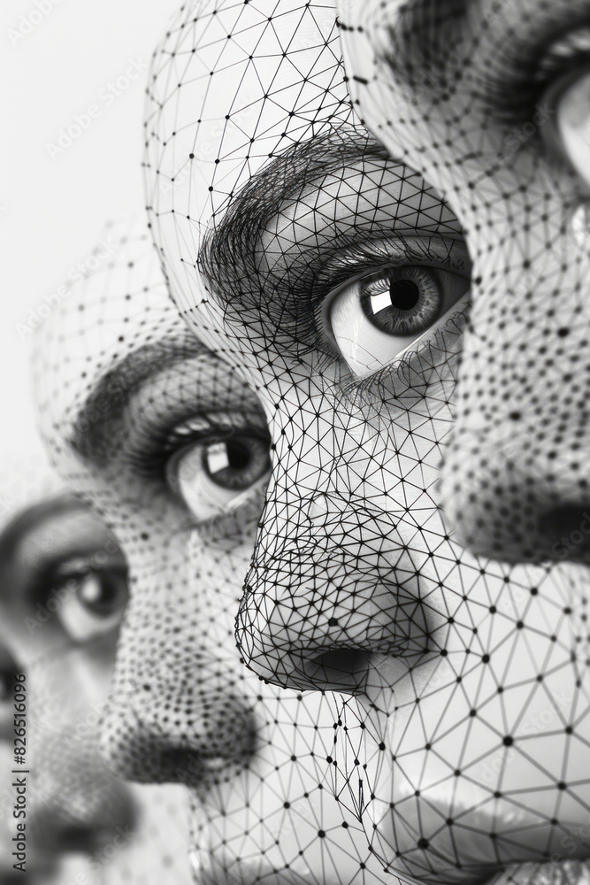 Poster isometric pattern of geometric shapes with interconnected eye icons forming a network,
