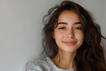 Naklejka premium Natural Beauty Portrait of a Young Woman with a Gentle Smile and Flowing Hair