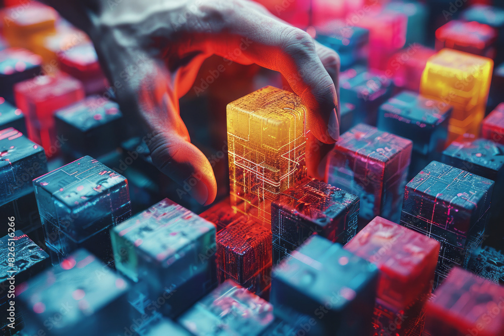 Poster Abstract isometric cubes with integrated energetic hand symbols, creating a seamless pattern,