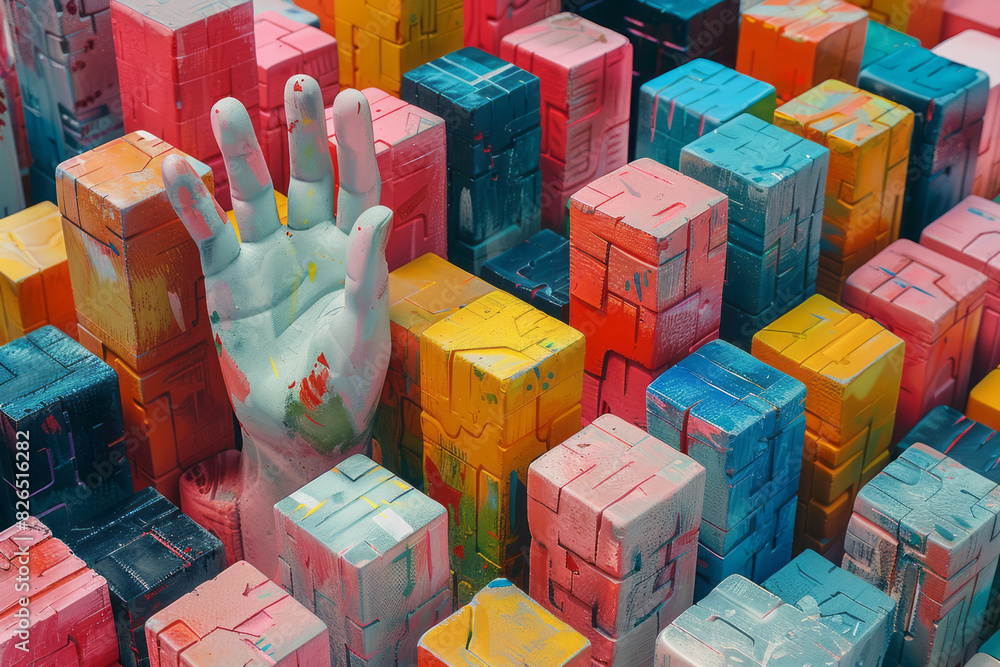 Aufkleber abstract isometric cubes with integrated energetic hand symbols, creating a seamless pattern,