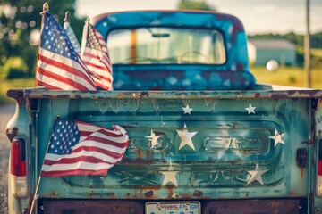 Experience a nostalgic scene with a vintage pickup truck bed brimming with American flags, evoking a sense of pride and heritage.