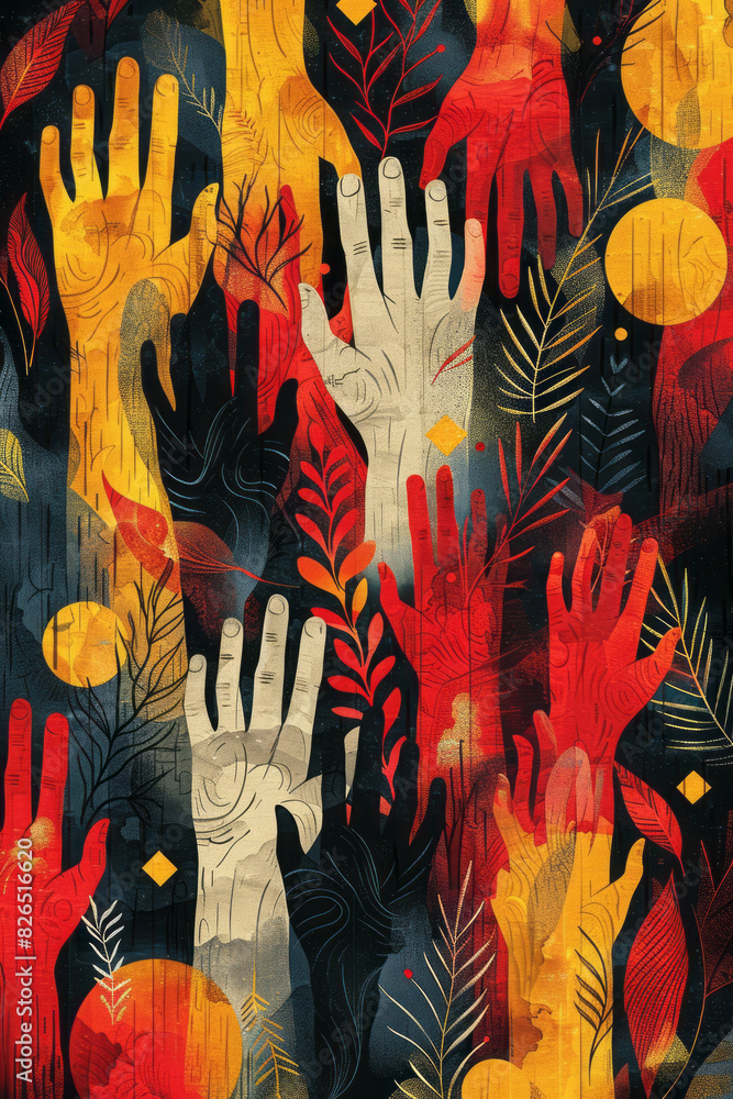 Poster isometric background featuring a repeating pattern of geometric shapes and hands radiating power,