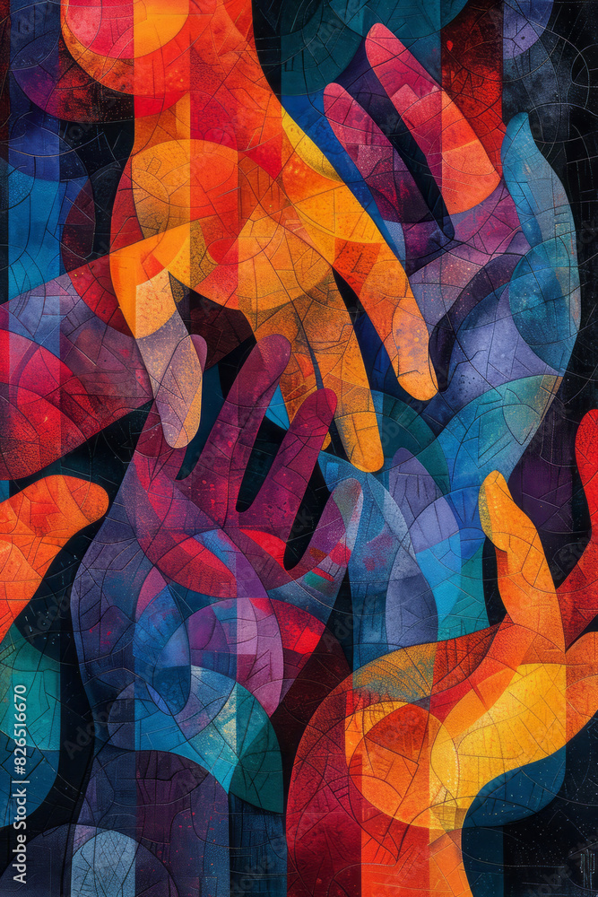 Poster isometric background featuring a repeating pattern of geometric shapes and hands radiating power,
