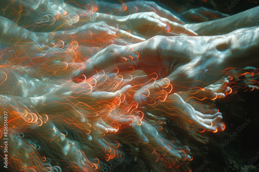 Aufkleber Isometric pattern of hands overlapping in a wave-like motion, creating an energetic and fluid design,