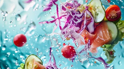 Fresh Chef's Salad with Smoked Salmon, Vibrant Vegetables, and Splashes of Water - Food Advertising Design for Print and Digital Media