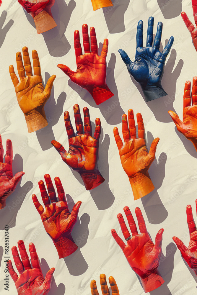 Fototapete Minimalist isometric pattern of hands arranged in a grid, creating a structured yet dynamic design,