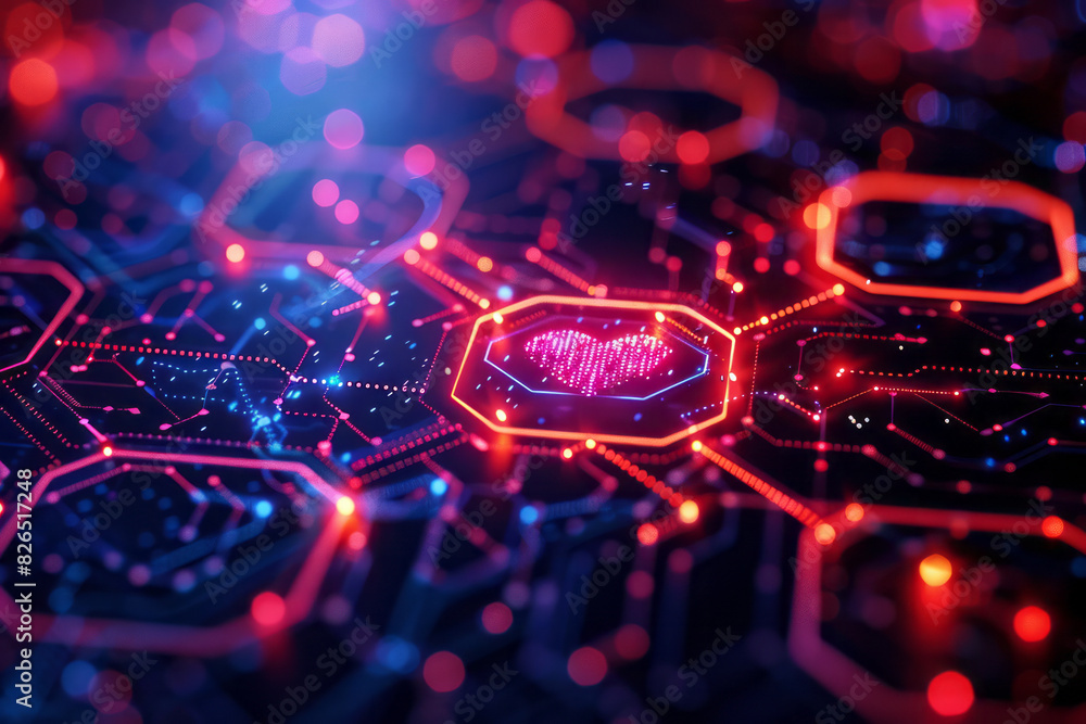Fototapete seamless isometric pattern with heartbeat shapes in a hexagonal arrangement, highlighting connectivi