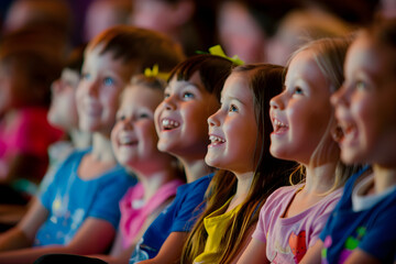 Side view of children audience enjoying a kids concert or movie with happy smiling faces.