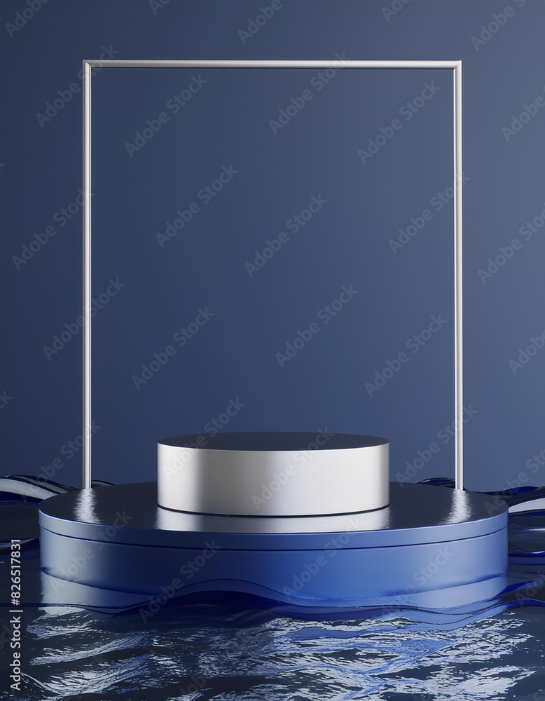 Aufkleber 3d background, podium, display with water. dark blue and silver pedestal with square frame. abstract