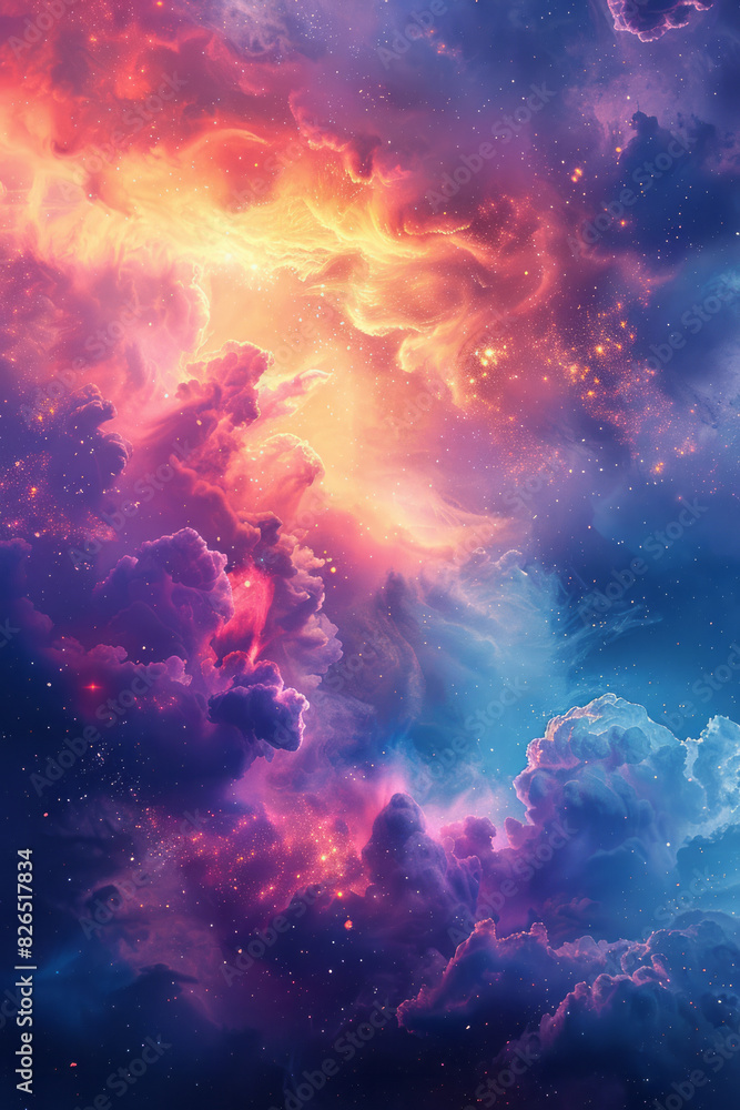 Poster scene of fluffy clouds transformed into nebulae, with stardust creating patterns similar to cotton c