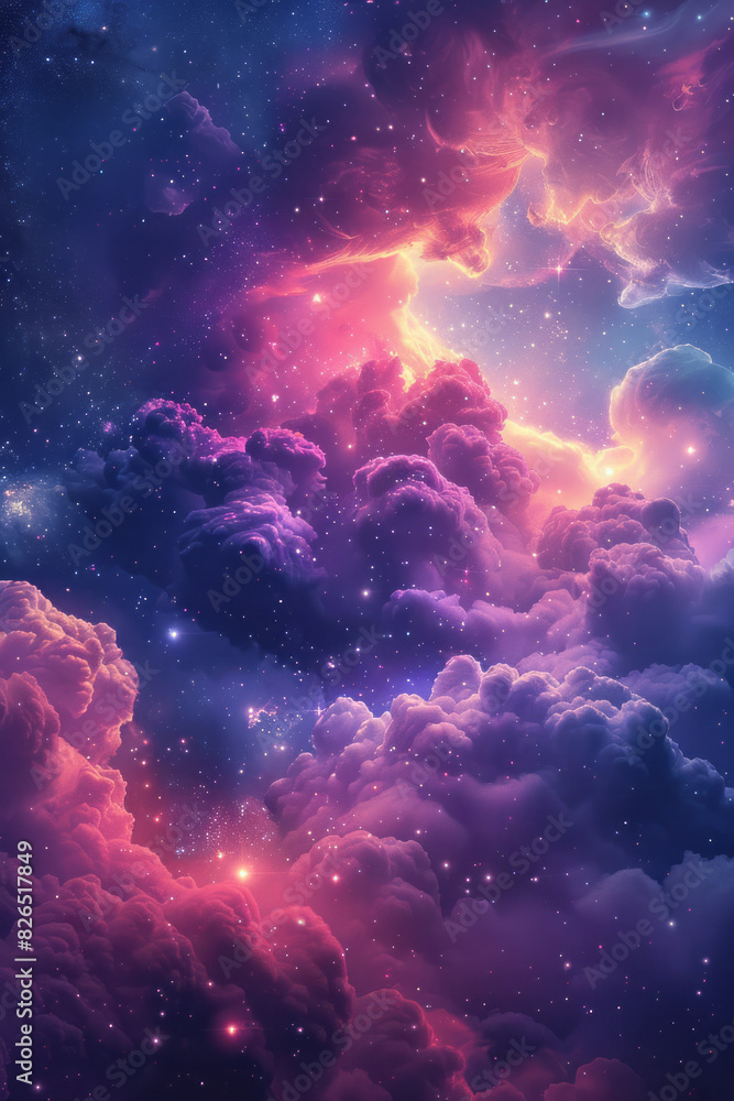 Poster Scene of fluffy clouds transformed into nebulae, with stardust creating patterns similar to cotton candy skies,