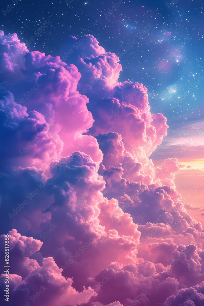 Aufkleber Scene of fluffy clouds transformed into nebulae, with stardust creating patterns similar to cotton candy skies,