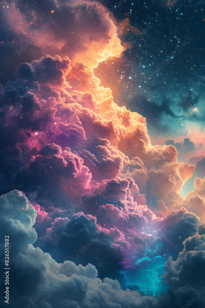 Poster Scene of fluffy clouds transformed into nebulae, with stardust creating patterns similar to cotton candy skies,