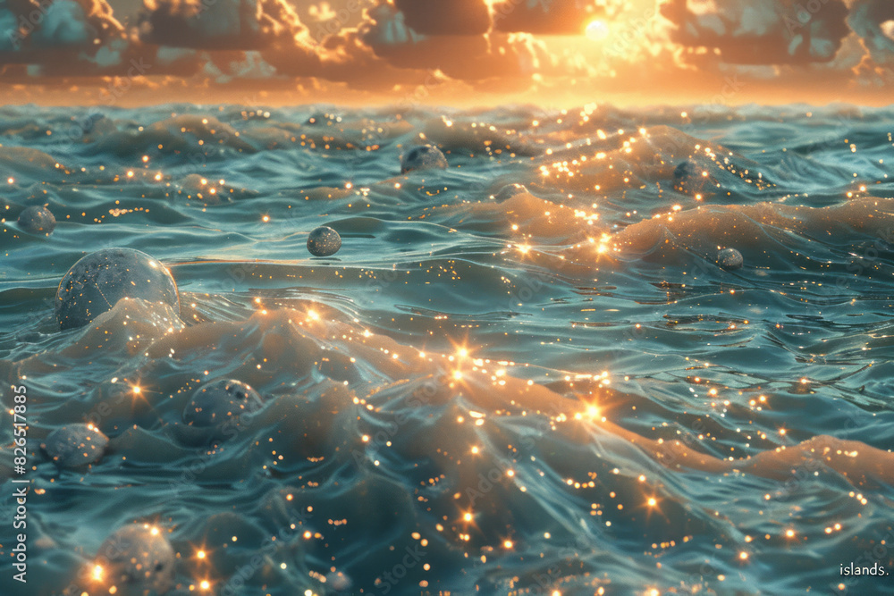 Aufkleber Artistic depiction of a cosmic sea with waves made of shimmering stardust and floating asteroid