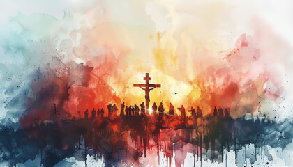 A watercolor painting of a cross with a figure on it, silhouetted against a fiery sunset with a crowd of people watching.