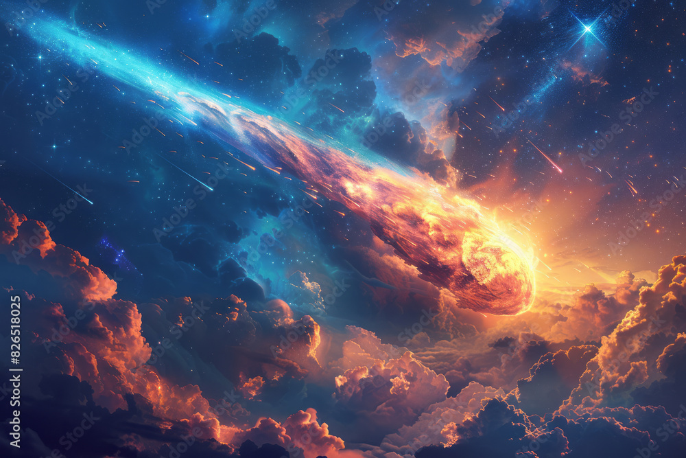 Aufkleber artistic rendering of a comet shaped like a sunbeam, streaking across a sky filled with cosmic cloud