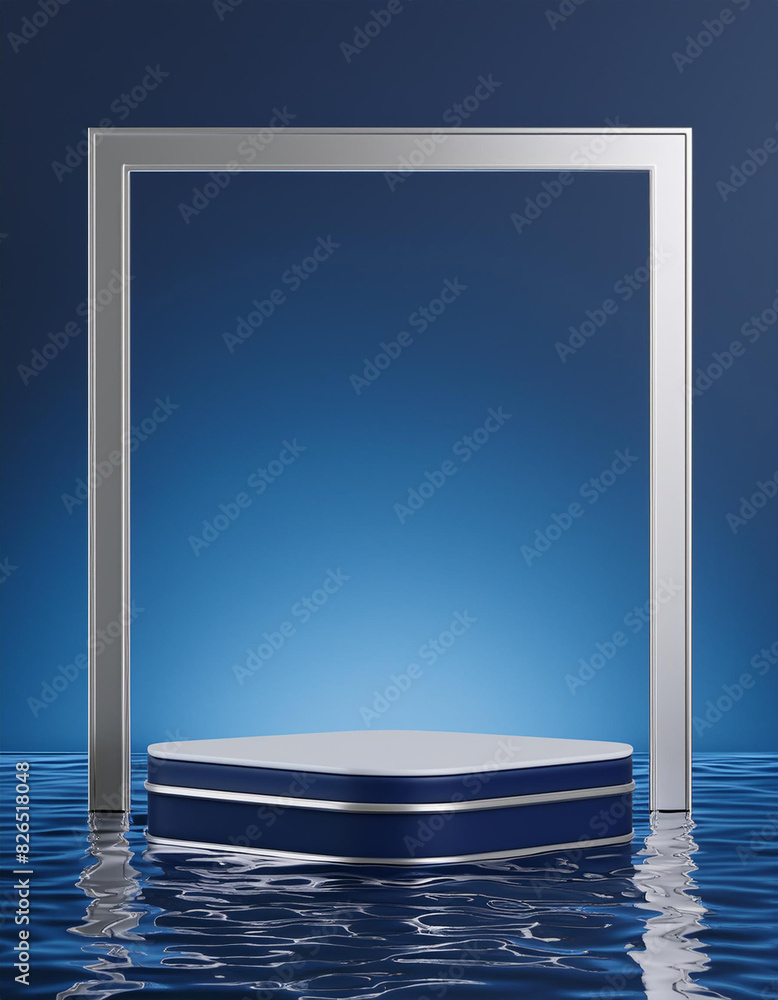 Aufkleber 3d background, podium, display with water. dark blue and silver pedestal with square frame. abstract