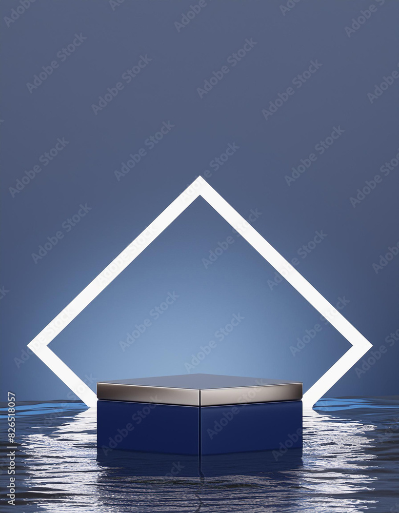 Poster 3d background, podium, display with water. dark blue and silver pedestal with square frame. abstract
