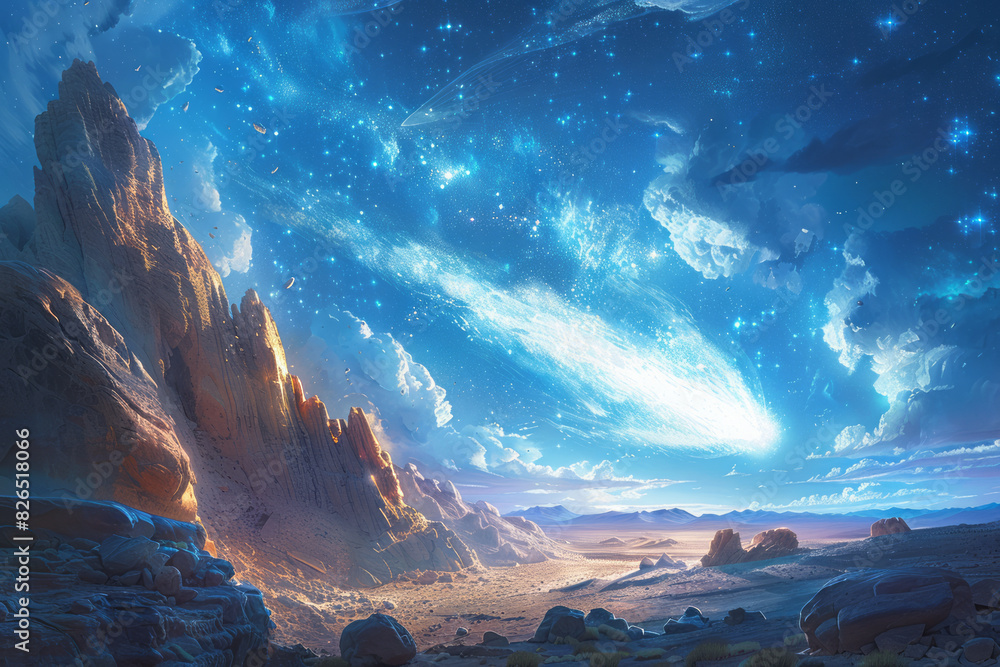 Aufkleber artistic rendering of a comet shaped like a sunbeam, streaking across a sky filled with cosmic cloud