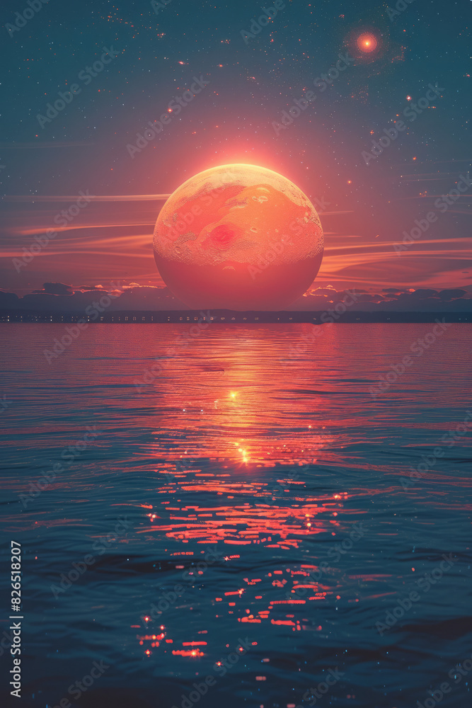 Leinwandbilder image of a planet with a surface resembling a calm sea, reflecting the light of multiple suns in a b
