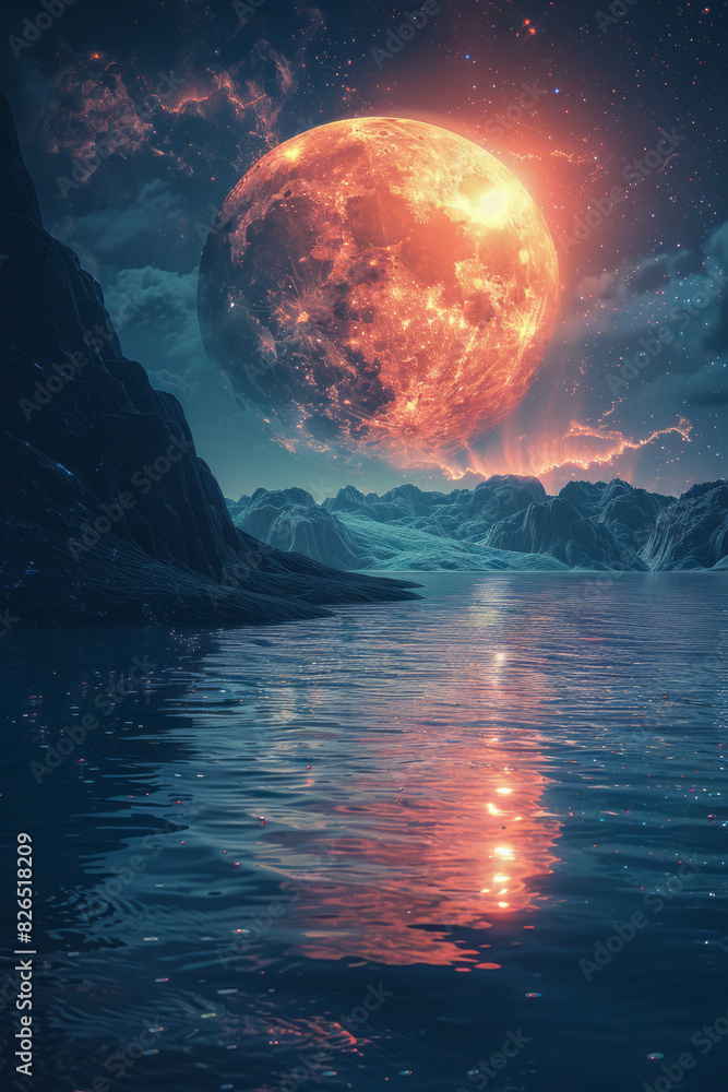 Aufkleber Image of a planet with a surface resembling a calm sea, reflecting the light of multiple suns in a binary star system,