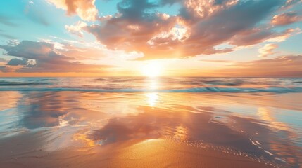 Tranquil beach at golden sunset with colorful horizon and calm ocean reflecting celestial beauty