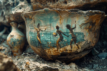 Artistic depiction of a fragment of pottery featuring a painted scene of a beach volleyball game from antiquity,