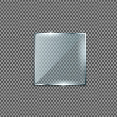 Realistic set of transparent glass plates, blank shining frames isolated on background.