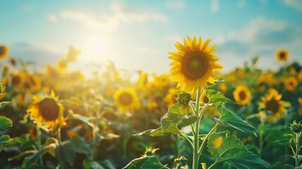 Fototapeta premium A field of sunflowers with a single sunflower in the foreground