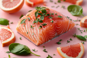 Fresh salmon fillet with grapefruit slices and basil on a pink background