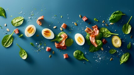 Creative Spinach Salad Ingredients Layout: Spinach, Boiled Eggs, Bacon Bits, and Avocado Levitating on Deep Blue Background for Food Photography