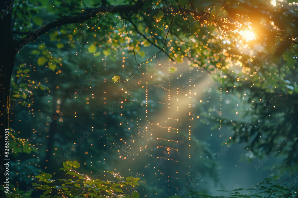 Aufkleber scene of a sunlit forest glade, with the image of the forest mirrored in tiny dewdrops hanging from 