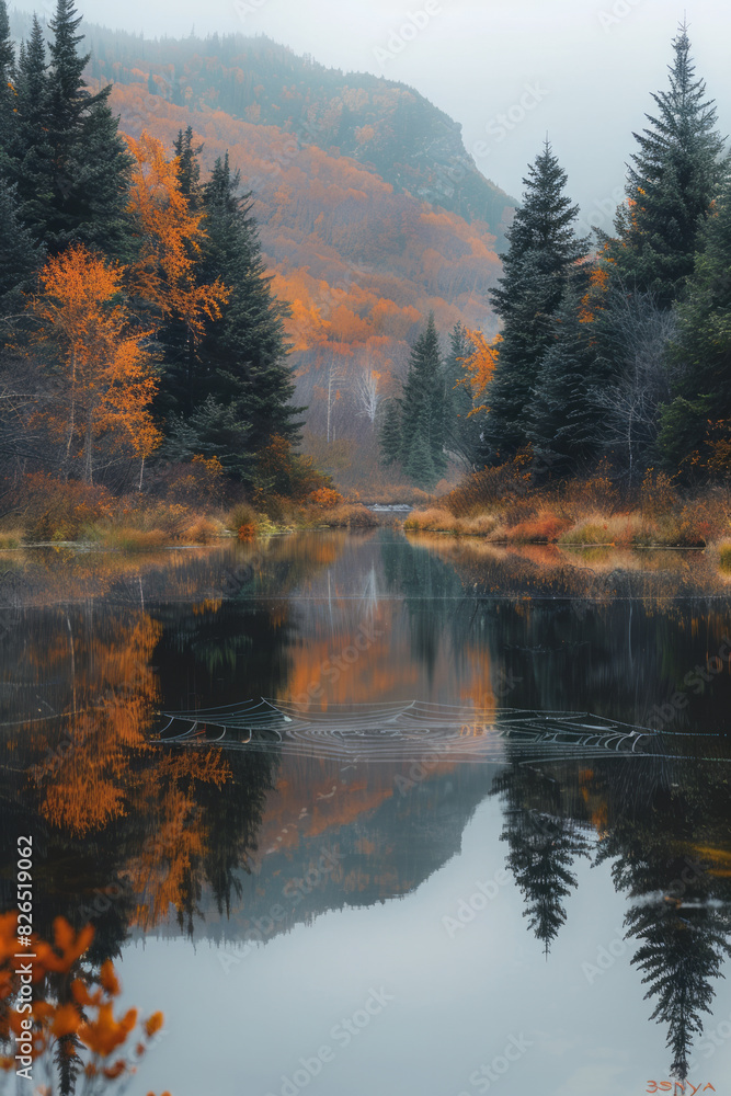 Poster image of a mountain lake, its reflection captured in multiple dewdrops on a spider web, creating a m