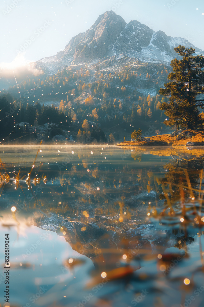 Poster image of a mountain lake, its reflection captured in multiple dewdrops on a spider web, creating a m